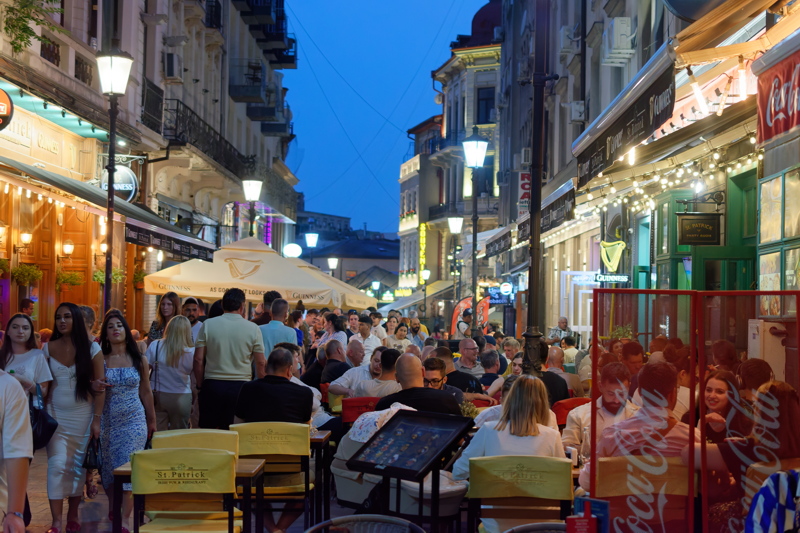 A bustling evening scene in the Lipscani area from Bucharest